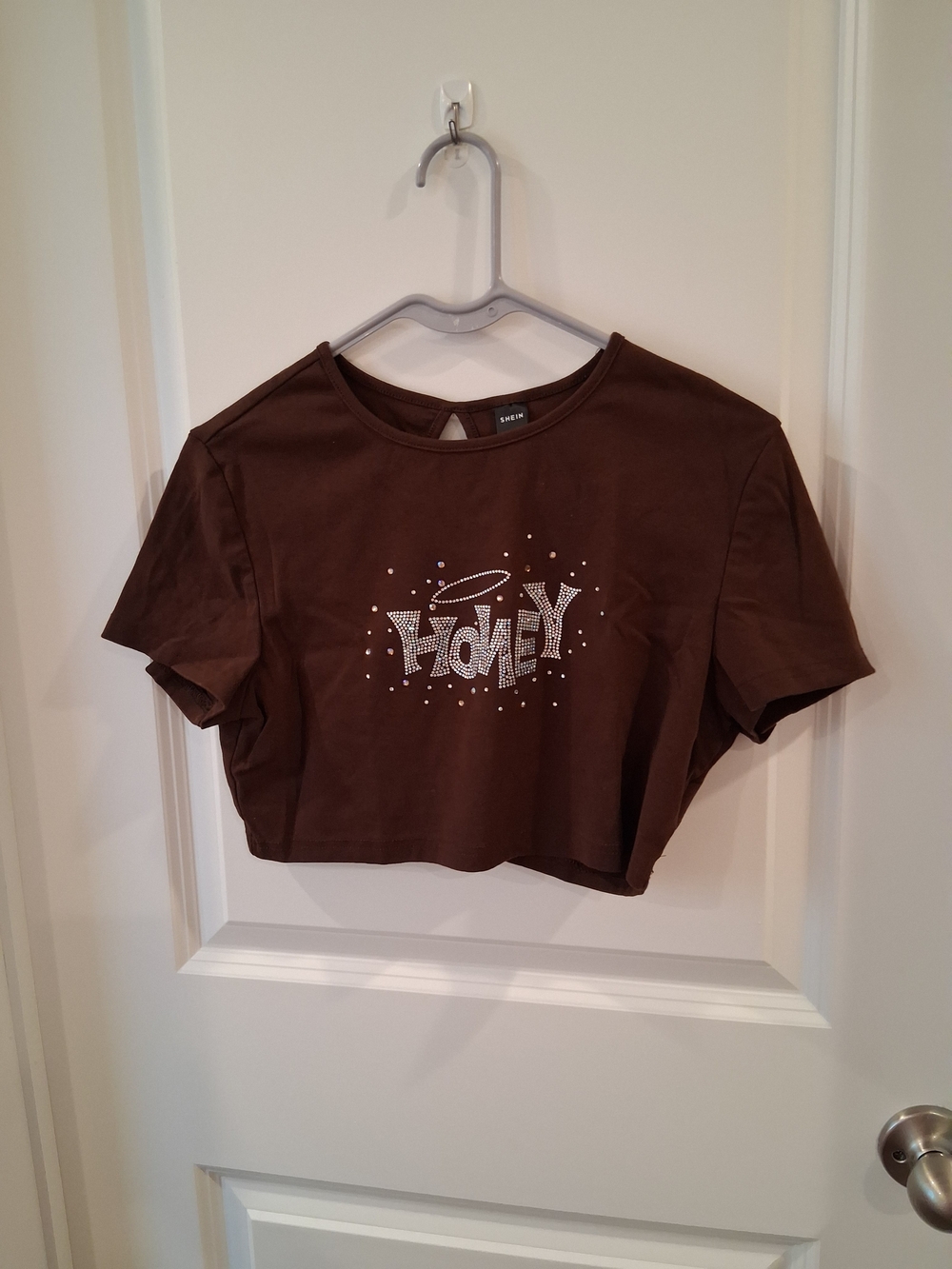 SHEIN Brown Rhinestone Halo Graphic Crop Top Size XL